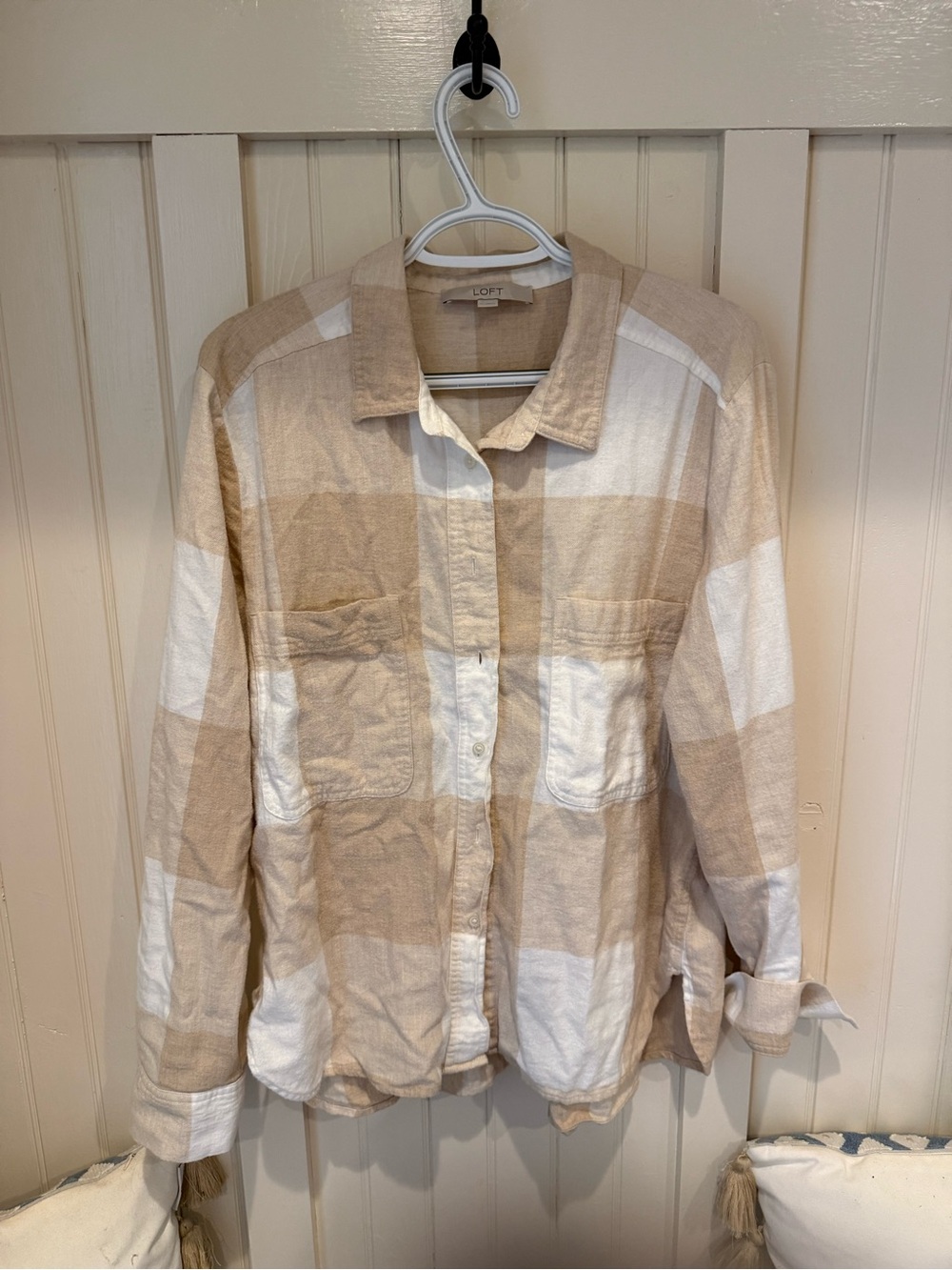 LOFT Beige & White Checked Button-Down Boyfriend Shirt